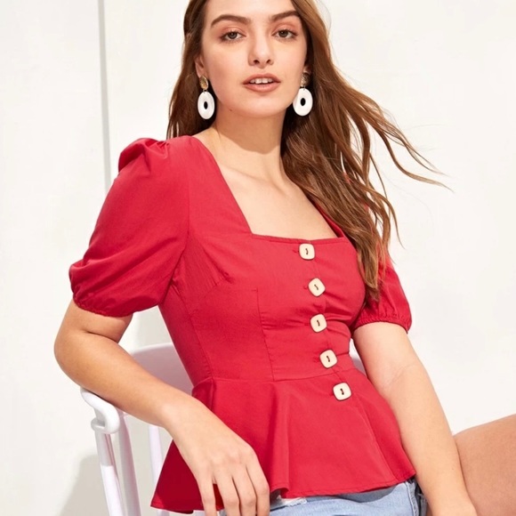 Tops - Square neck button front peplum tea top